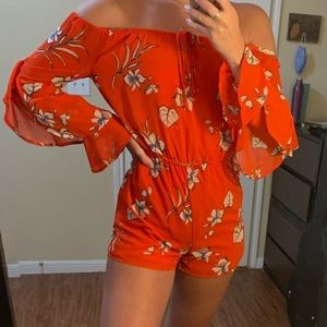 Red off the shoulder Long sleeve Romper